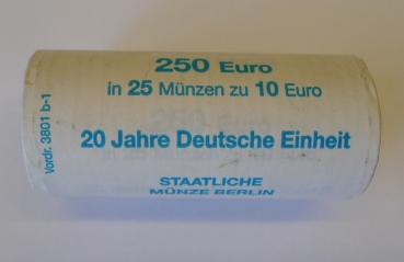 1 Originalrolle a 25 Münzen zu 10 Euro 20 Jahre Deutsche Einheit Jahrgang 2010