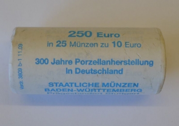 1 Originalrolle a 25 Münzen zu 10 Euro 300 Jahre Porzellanherstellung in Deutschland J. 2010