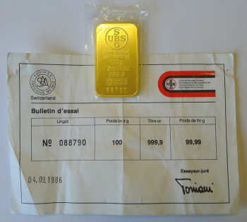 Goldbarren 100 Gramm Gold, UBS Goldbarren aus den 80 zigern